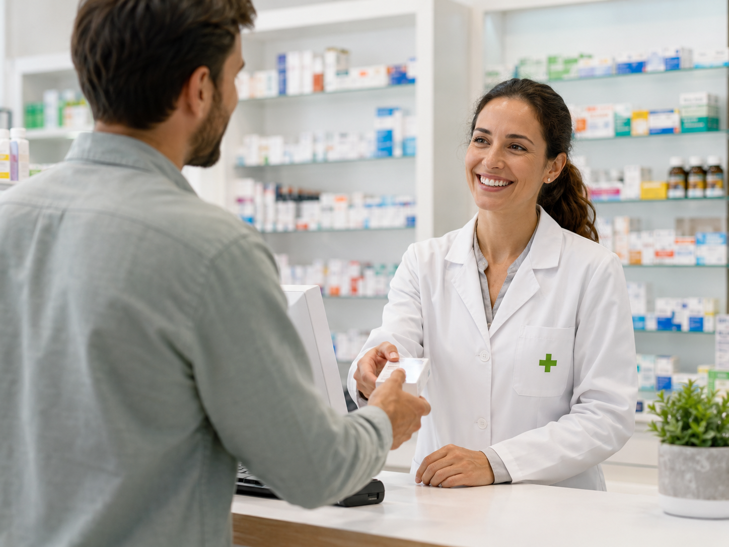 Farmacista al banco assiste un cliente