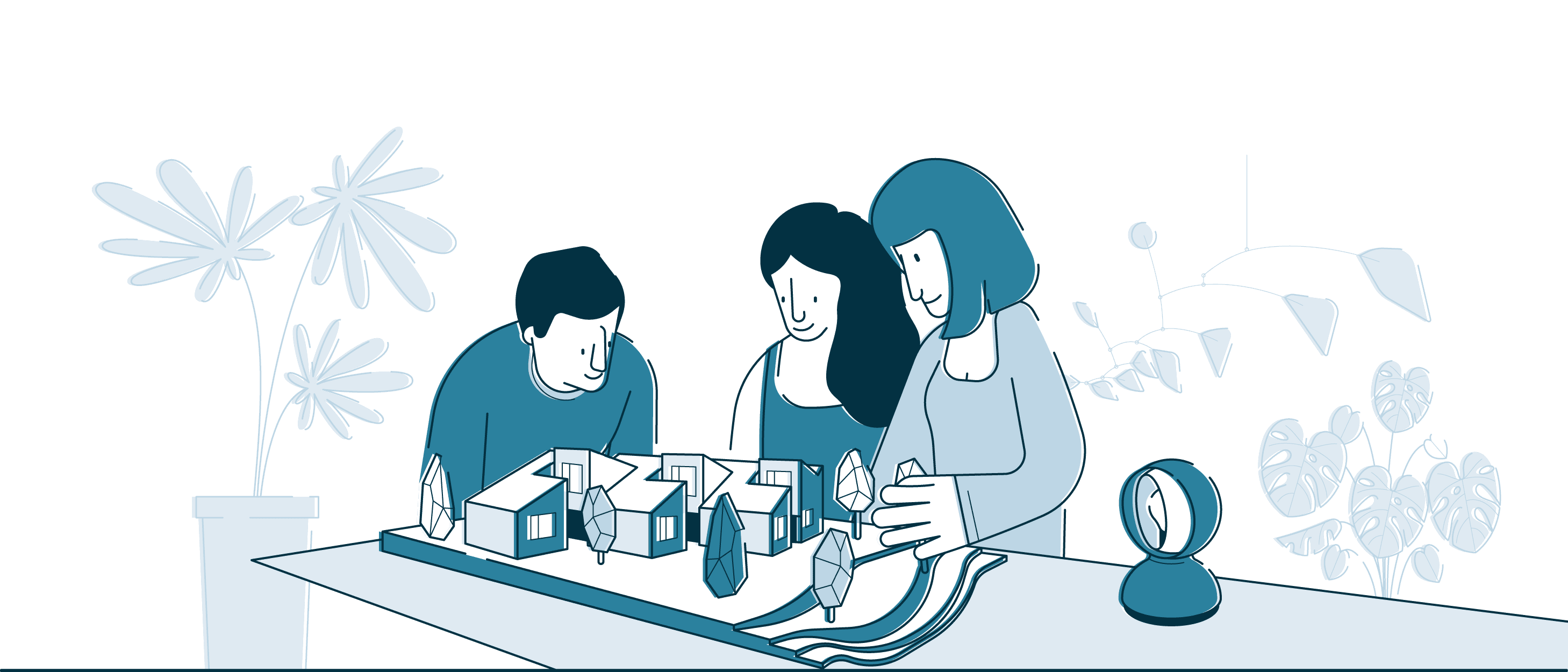 Un'illustrazione di un gruppo di architetti che progetta il modello di un gruppo di case e delle strade intorno