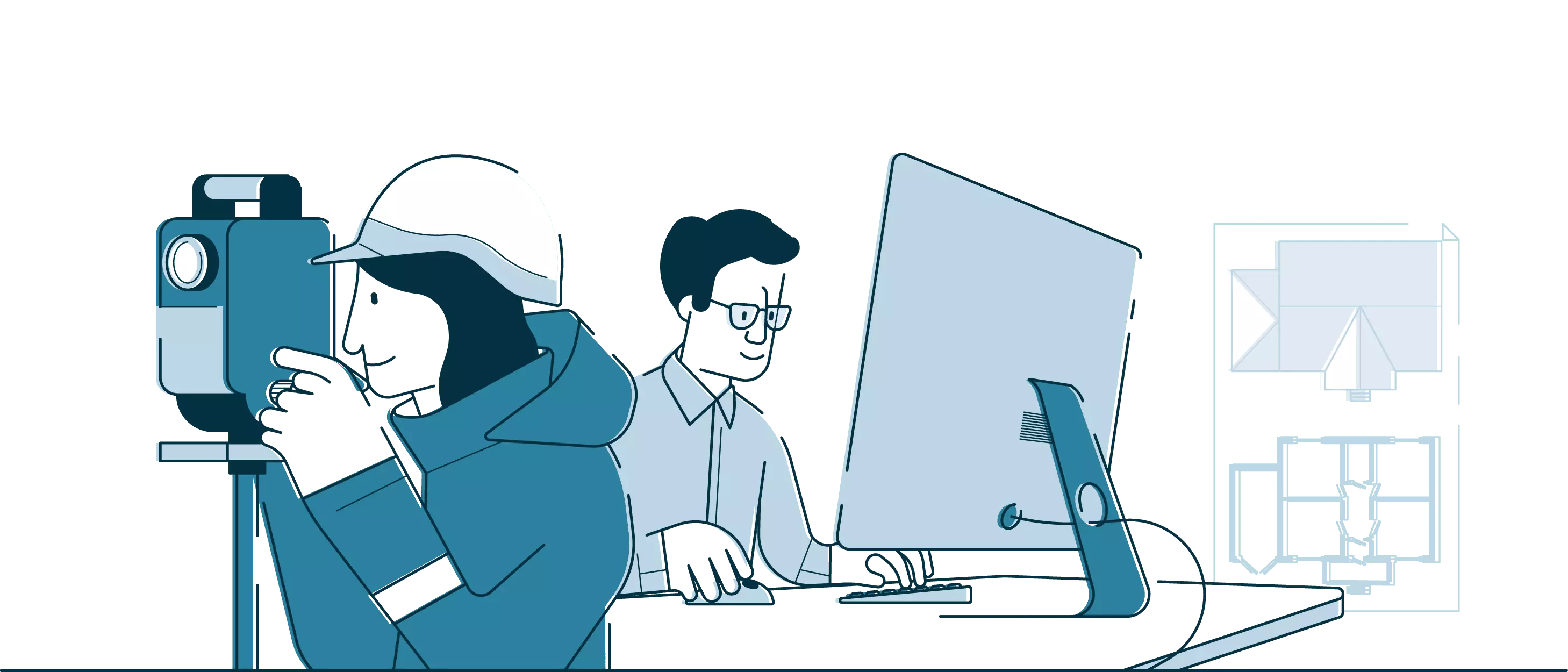 Due geometri, uno che misura un terreno e l'altro che controlla le misure su un computer